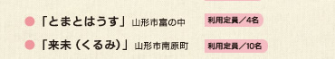 ●「さくらんぼはうす」山形市元木 利用定員／9名●「れもんはうす」山形市南一番町 利用定員／6名●「いちごはうす」山形市青田 利用定員／5名●「りんごのいえ」山形市深町 利用定員／4名●「とまとはうす」山形市富の中 利用定員／4名●「来未（くるみ）」山形市南原町 利用定員／10名
